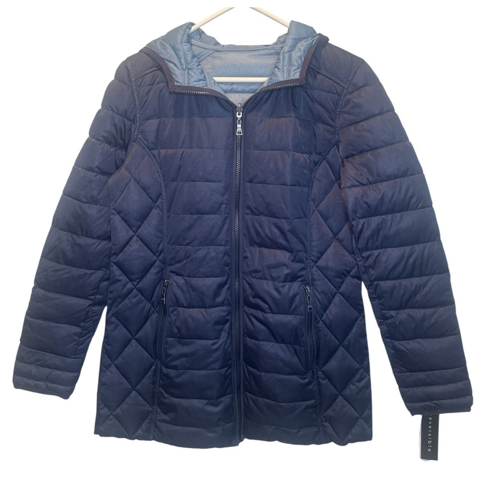 Nuage Womens Navy Reversible Quilted Hooded Puffer Jacket Arctic Warmth XS NEW